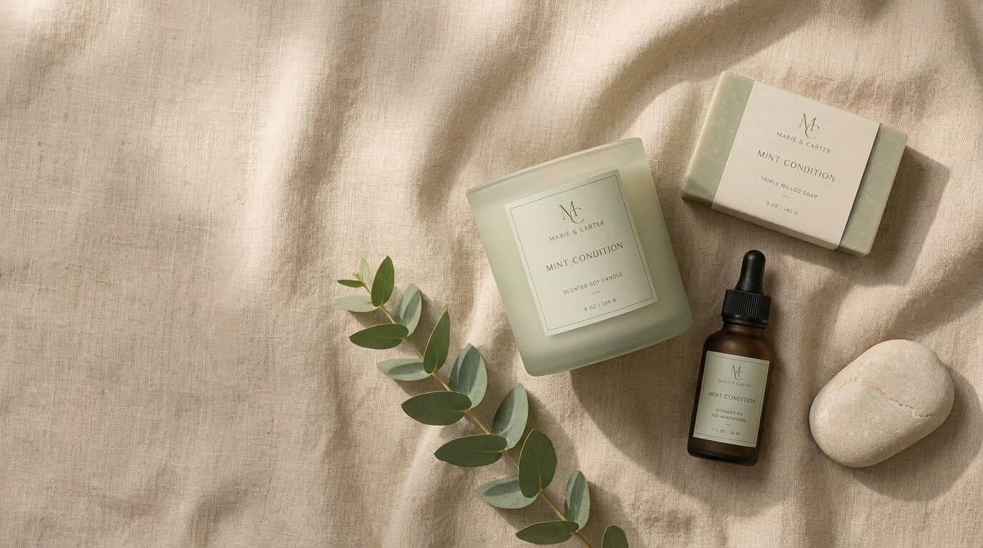 A Marie & Carter set — candle, triple-milled soap, and diffuser oil on linen